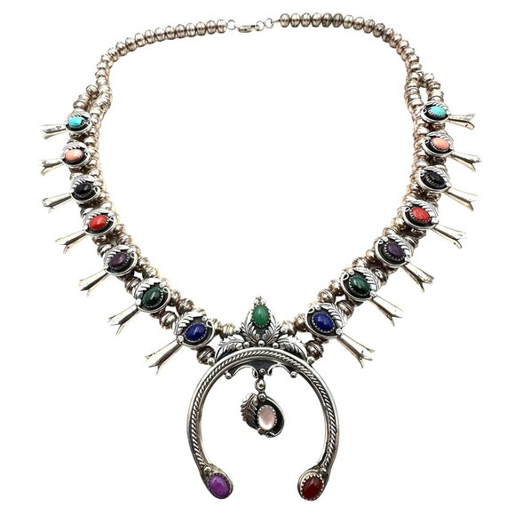 Native American M Haley Sterling Silver Gemstone Squash Blossom Necklace 100 GMS - Picture 2 of 15